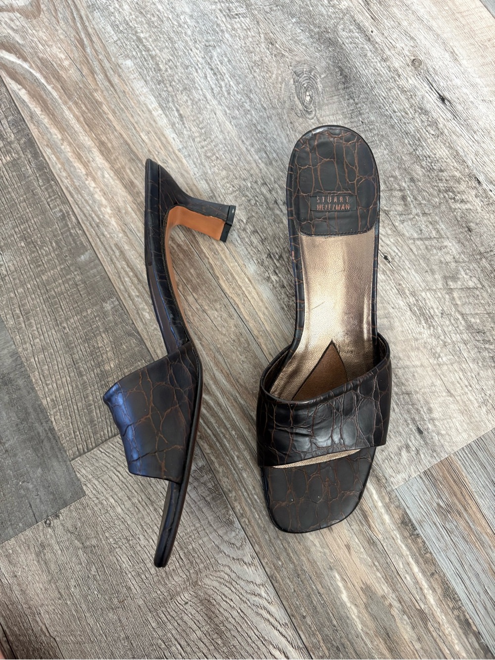 Stuart Weitzman Brown Croc-Embossed Slide Heels size 9.5
